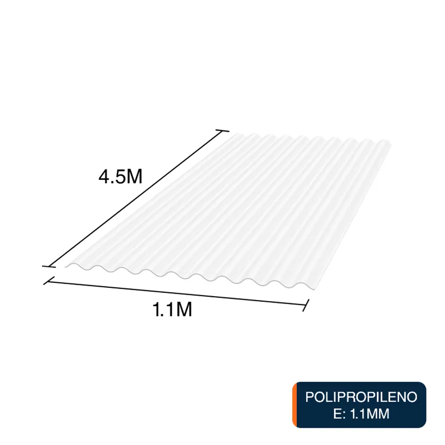 Chapa acanalada Luz polipropileno blanca translucida 4.5m x 1.1m x 1.1mm