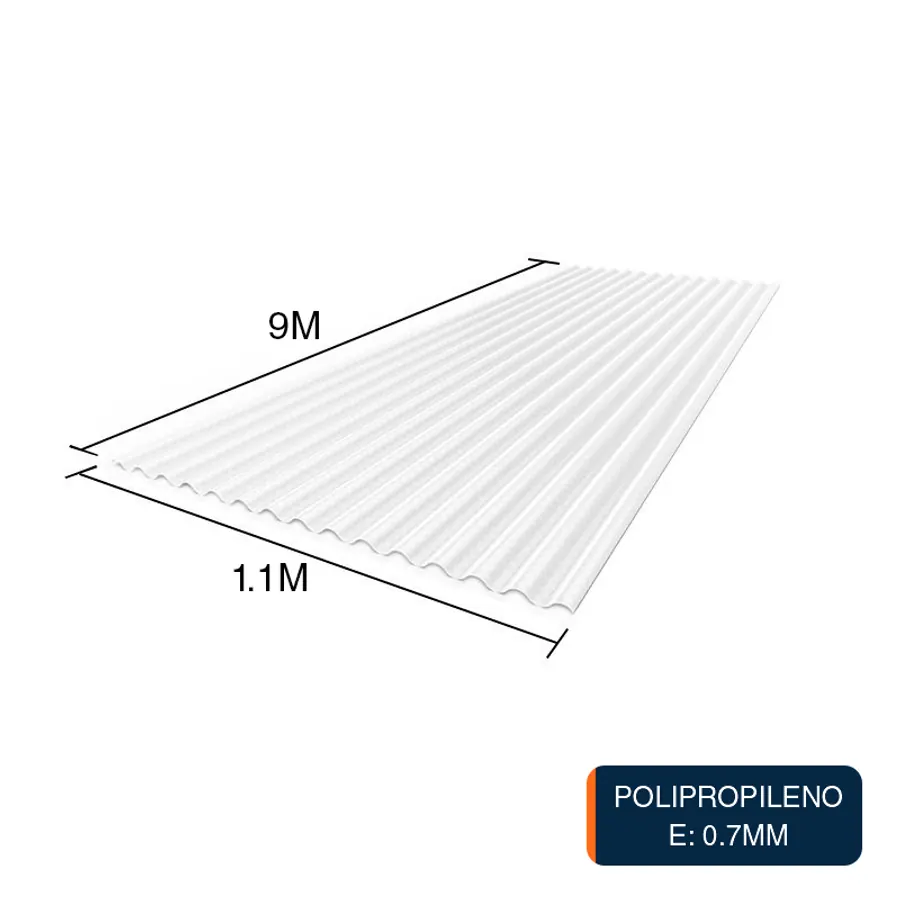 Chapa acanalada reforzada polipropileno blanca 9m x 1.1m x 0.7mm