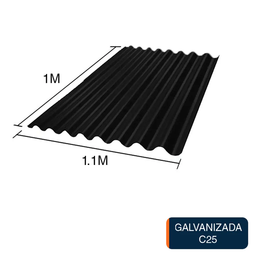 Chapa sinusoidal acanalada galvanizada techos C25 prepintada negro 1m x 1.1m x 0.5mm