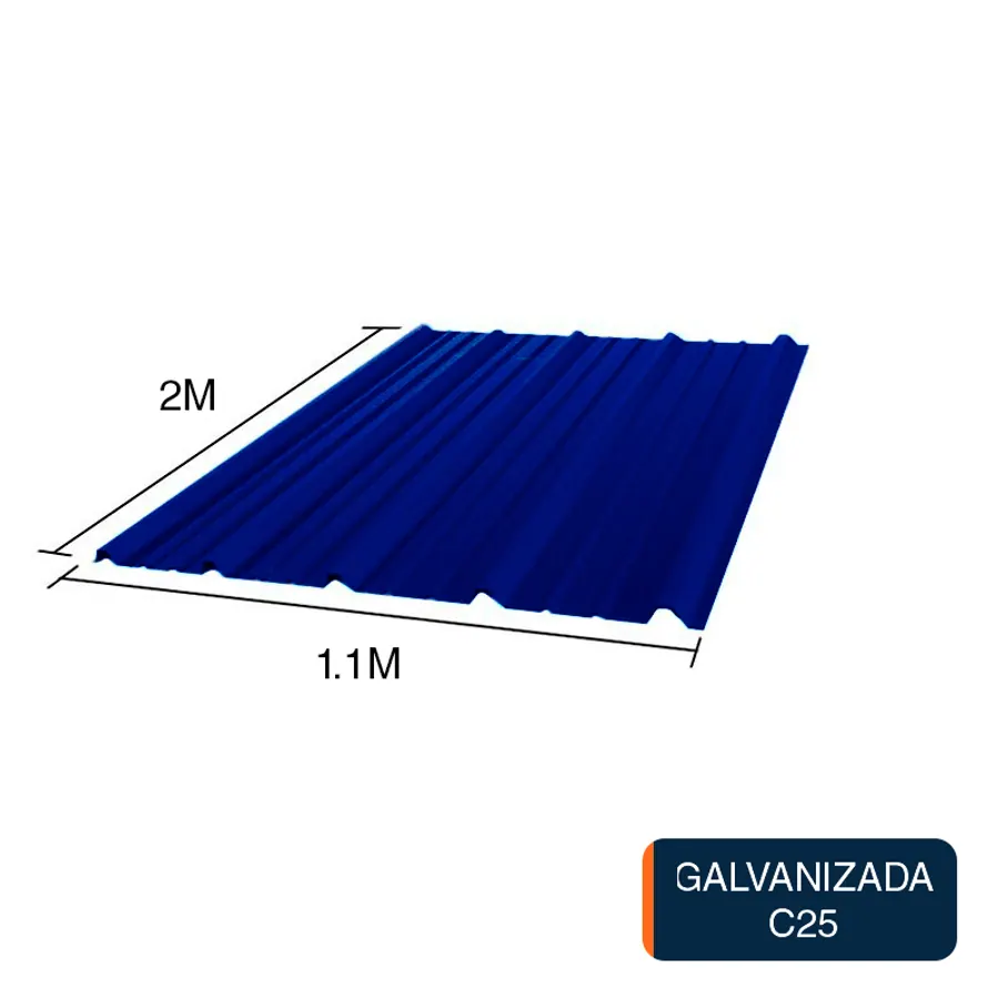 Chapa trapezoidal T1010 galvanizada techos C25 prepintada azul 2m x 1.1m x 0.5mm