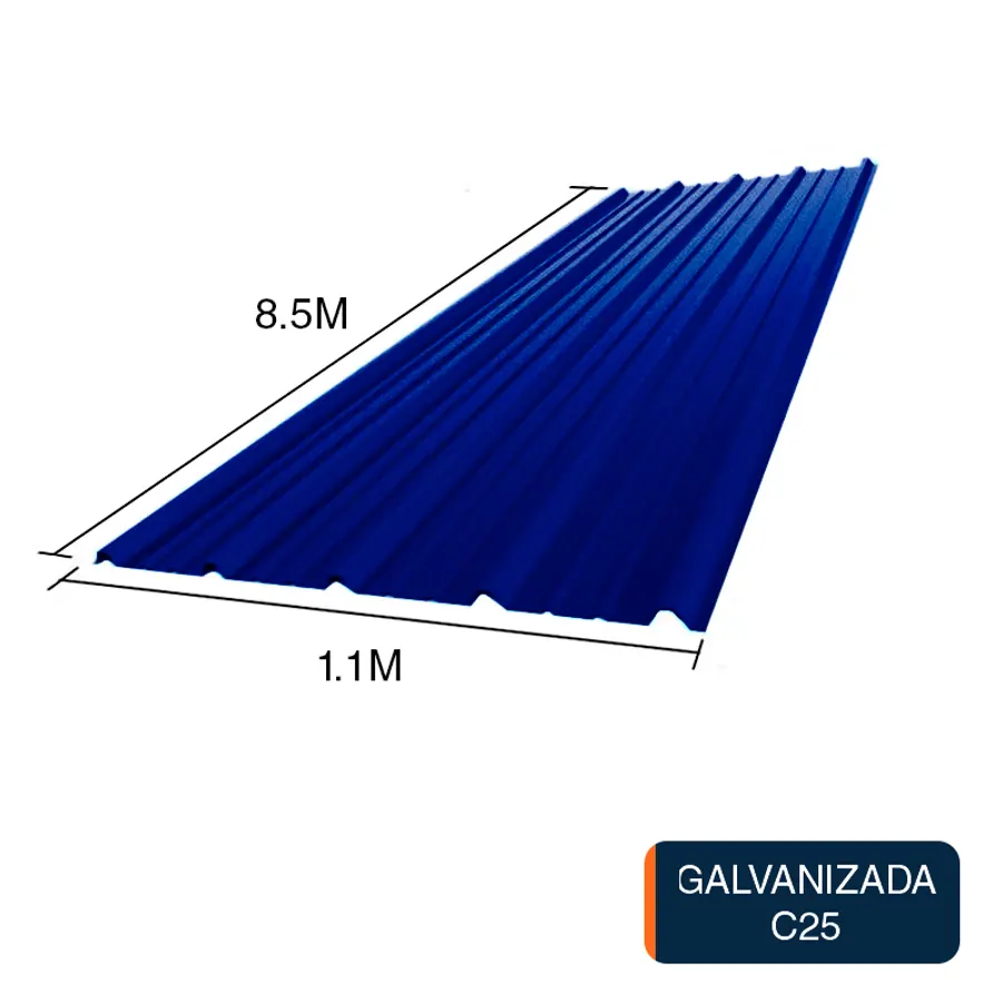 Chapa trapezoidal T1010 galvanizada techos C25 prepintada azul 8.5m x 1.1m x 0.5mm