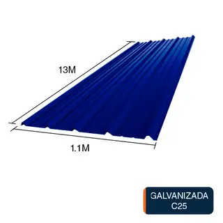 Chapa trapezoidal T1010 galvanizada techos C25 prepintada azul 13m x 1.1m x 0.5mm