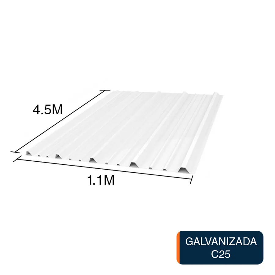 Chapa trapezoidal galvanizada T1010 techos C25 prepintada blanco 4.5m x 1.1m x 0.5mm