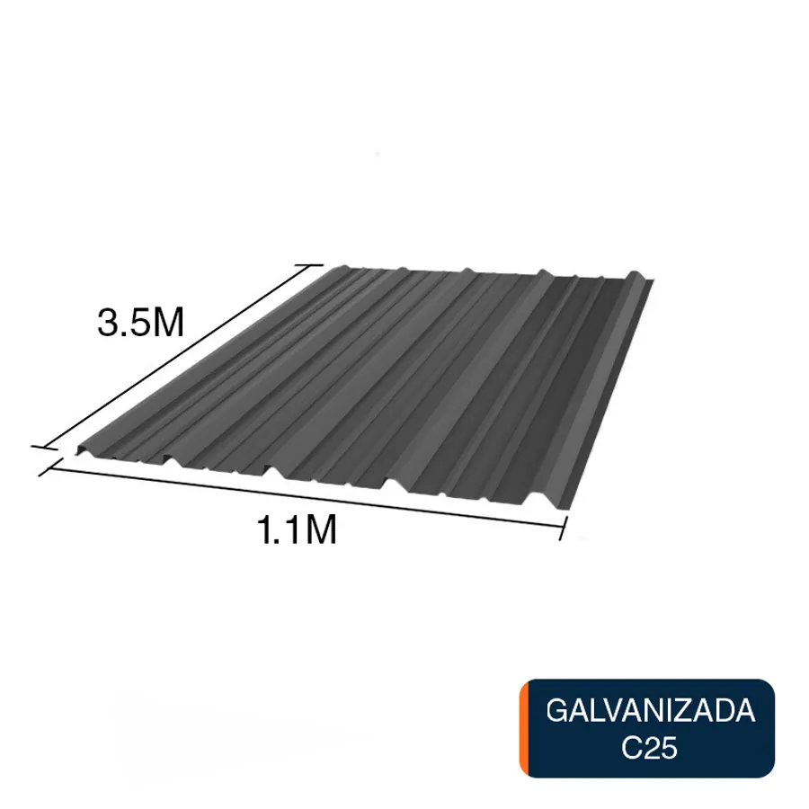 Chapa trapezoidal T1010 galvanizada techos C25 prepintada gris 3.5m x 1.1m x 0.5mm