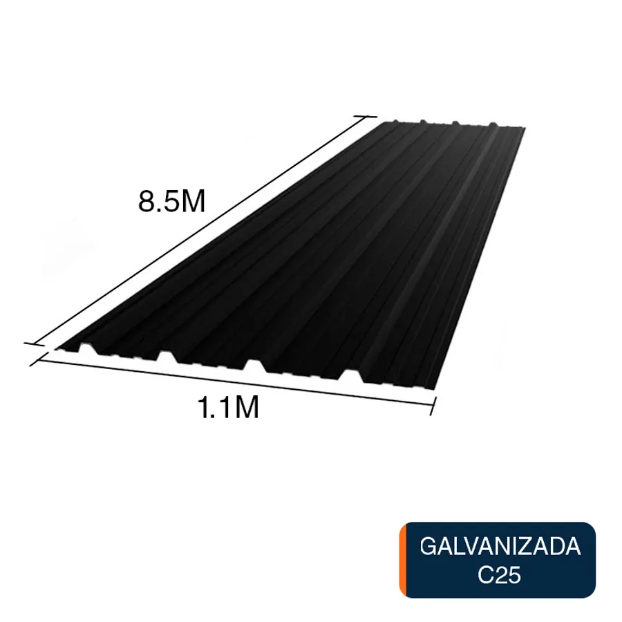 Chapa trapezoidal T1010 galvanizada techos C25 prepintada negro 8.5m x 1.1m x 0.5mm