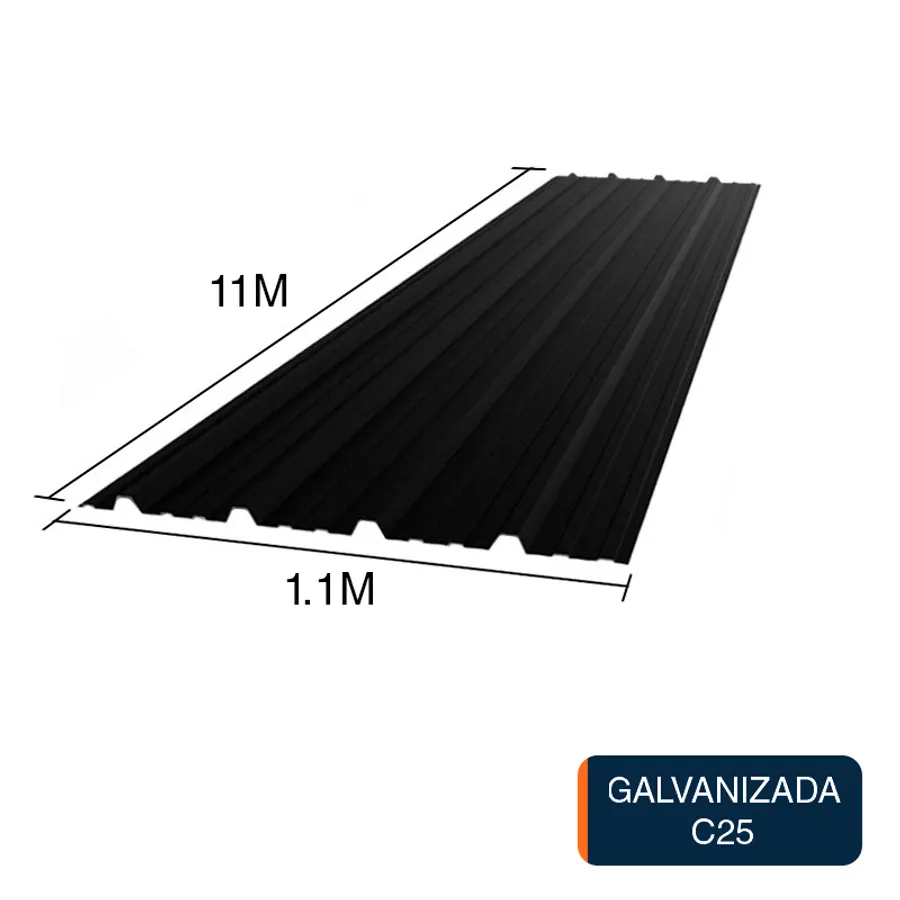 Chapa trapezoidal T1010 galvanizada techos C25 prepintada negro 11m x 1.1m x 0.5mm