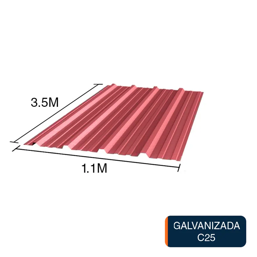 Chapa trapezoidal galvanizada T1010 techos C25 prepintada rojo 3.5m x 1.1m x 0.5mm