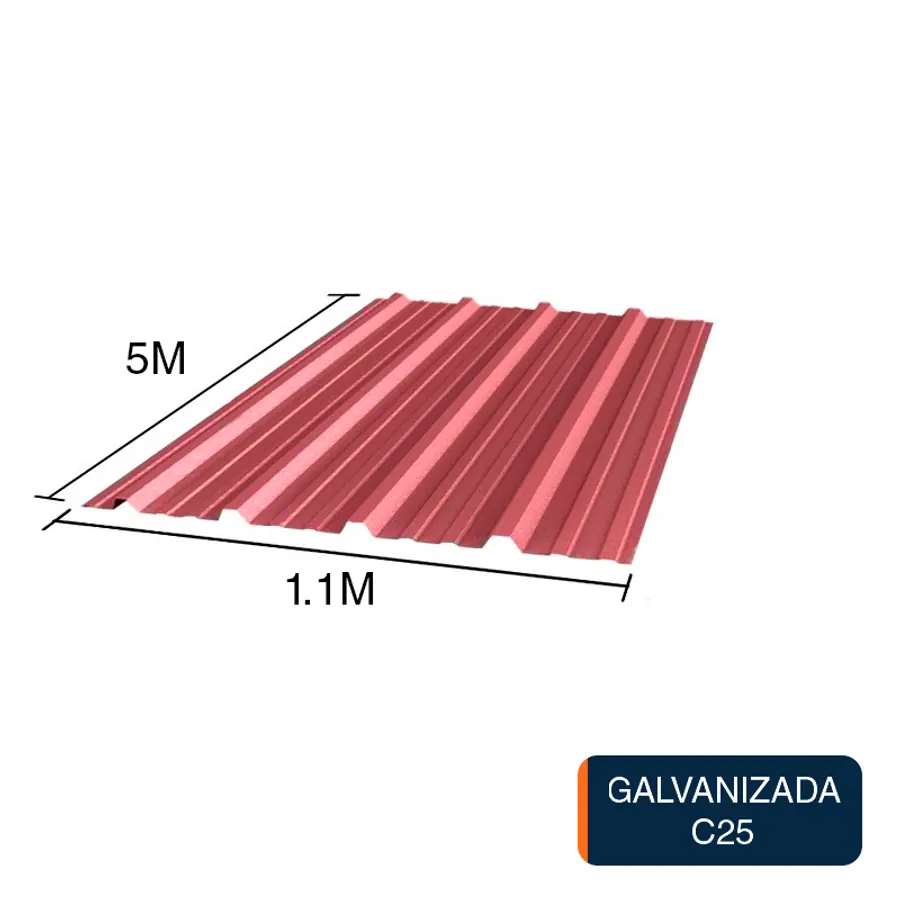 Chapa trapezoidal galvanizada T1010 techos C25 prepintada rojo 5m x 1.1m x 0.5mm