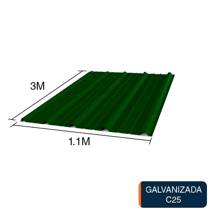 Chapa trapezoidal T1010 galvanizada techos C25 prepintada verde 3m x 1.1m x 0.5mm