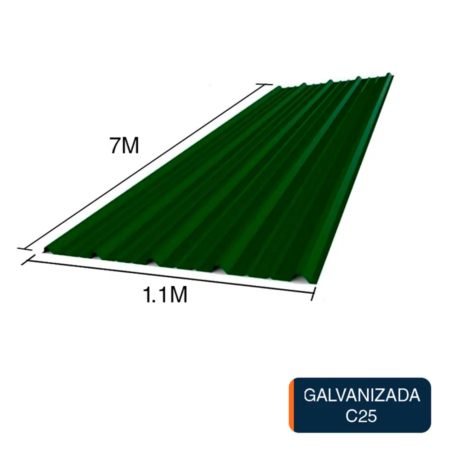 Chapa trapezoidal T1010 galvanizada techos C25 prepintada verde 7m x 1.1m x 0.5mm