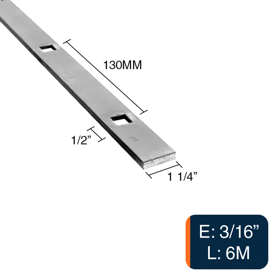 Planchuela herreria acero laminado 1 1/4" x 3/16" perforacion cuadrada 1/2" c/130mm barra 31.7mm x 4.8mm x 6m