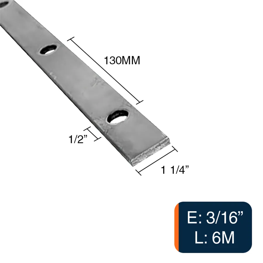Planchuela herreria acero laminado 1 1/4" x 3/16" perforacion redonda 1/2" c/130mm barra 31.7mm x 4.8mm x 6m
