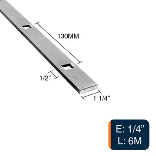 Planchuela herreria acero laminado 1 1/4" x 1/4" perforacion cuadrada 1/2" c/130mm barra 31.7mm x 6.4mm x 6m