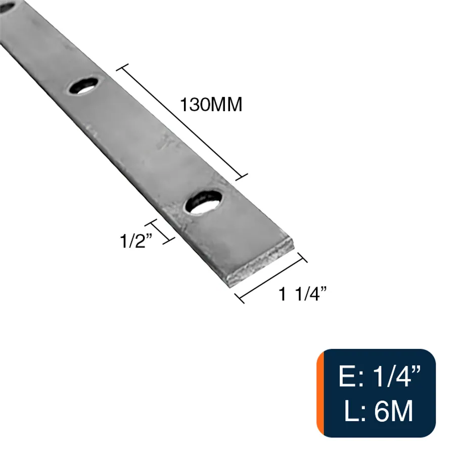 Planchuela herreria acero laminado 1 1/4" x 1/4" perforacion redonda 1/2" c/130mm barra 31.7mm x 6.4mm x 6m