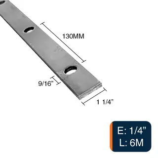 Planchuela herreria acero laminado 1 1/4" x 1/4" perforacion redonda 9/16" c/130mm barra 31.7mm x 6.4mm x 6m