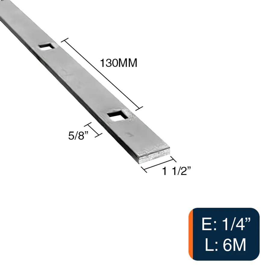 Planchuela herreria acero laminado 1 1/2" x 1/4" perforacion cuadrada 5/8" c/130mm barra 38.1mm x 6.4mm x 6m